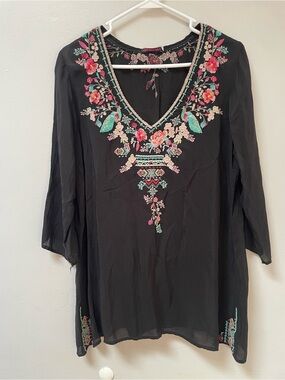 Johnny Was Black Embroidered V-Neck Tunic with Teal and Pink Floral Accents